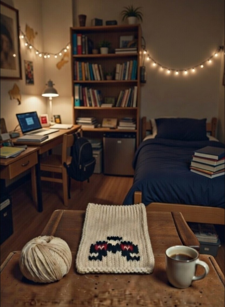 Alexis's 8-bit knitting project with yarn and coffee